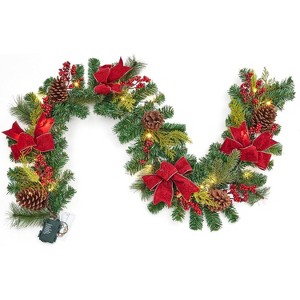 GAOMON 6 FT Christmas Garland with 20 Led Lights, Artificial Christmas Garland with Pine Cones, Red Berries & Bows, Xmas Decoration - 1 of 4