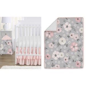 Sweet Jojo Designs Girl Baby Crib Bedding Set - Watercolor Floral Collection Grey Pink 4pc - 1 of 4