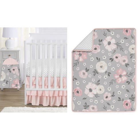 5 Piece Baby Bundle W Pink Flowers/grayblue Dots, Fitted Crib