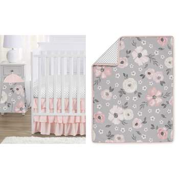Sweet Jojo Designs Girl Baby Crib Bedding Set - Watercolor Floral Collection Grey Pink 4pc