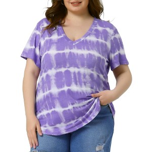 Agnes Orinda Women's Plus Size V Neck Short Sleeve Casual Stripe Tie Dye Basic T-Shirts - 1 of 4