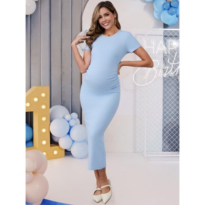 Женские платья INSPIRE CHIC Women's Maternity Dress Bodycon Fitted Side Ruched Ribbed Knit Short Sleeve Pregnancy Photoshoot Baby Shower Church Medium Blue — фото 6