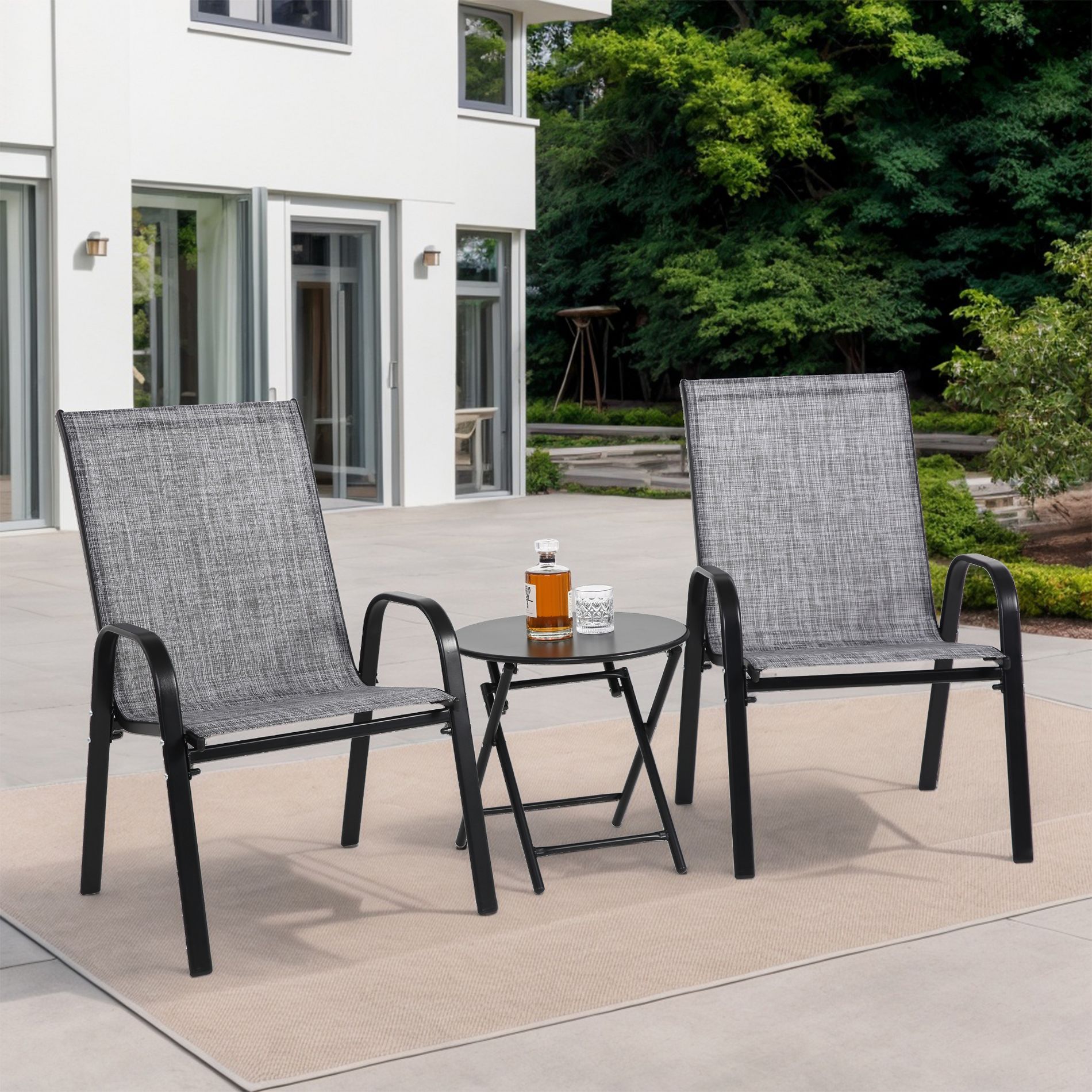 KTMBDW 3 Pieces Patio Set Outdoor Patio Conversation Textilene Bistro Set Modern Porch Lawn Chairs with Coffee Table for Home and Balcony Gray