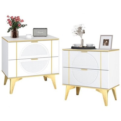 TIRAMISUBEST White Nightstands Set of 2, End Table with 2 Drawers, Night Stand with Metal Legs, Farmhouse Bed Side Table for Living Room, Bedroom