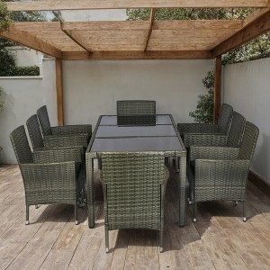 YOOCOZZ 9-Piece Outdoor Wicker Dining Set with Tempered Glass Table and Wide Armrest Chairs - Black+Grey - 1 of 4