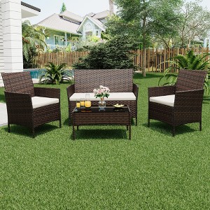4-Piece All-Weather Wicker Patio Set, Outdoor Rattan Conversation Furniture with Cushions & Glass Table, for Garden, Porch, Poolside - 1 of 4