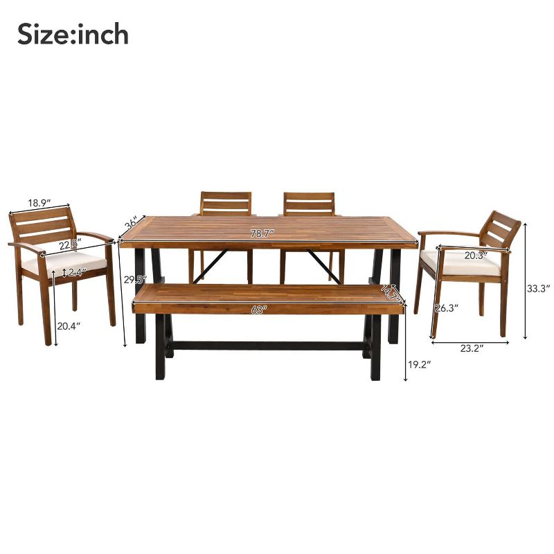 Janey 6-piece Acacia Wood Patio Dining Set, Outdoor Furniture with Removable Cushions, Ergonomic Chairs and Bench - Maison Boucle, 3 of 8