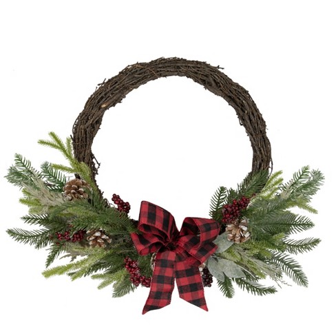 28” Holiday Winter Greenery, Berries and Plaid Bow Artificial Christmas  Arrangement Home Décor