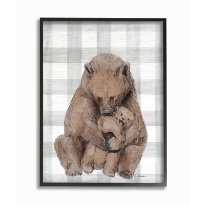 Stupell Industries Bear and Cub Grey Plaid Framed Giclee Art, Black, 24" x 30"
