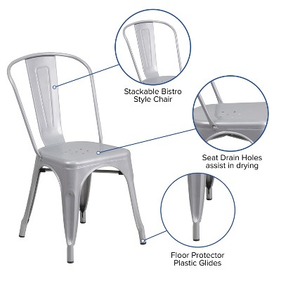 Silver Steel Armless Stackable Indoor-Outdoor Side Chair