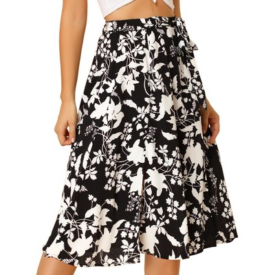 Allegra K Women's High Elastic Waist Belted Slit A-Line Midi Floral Print Skirt