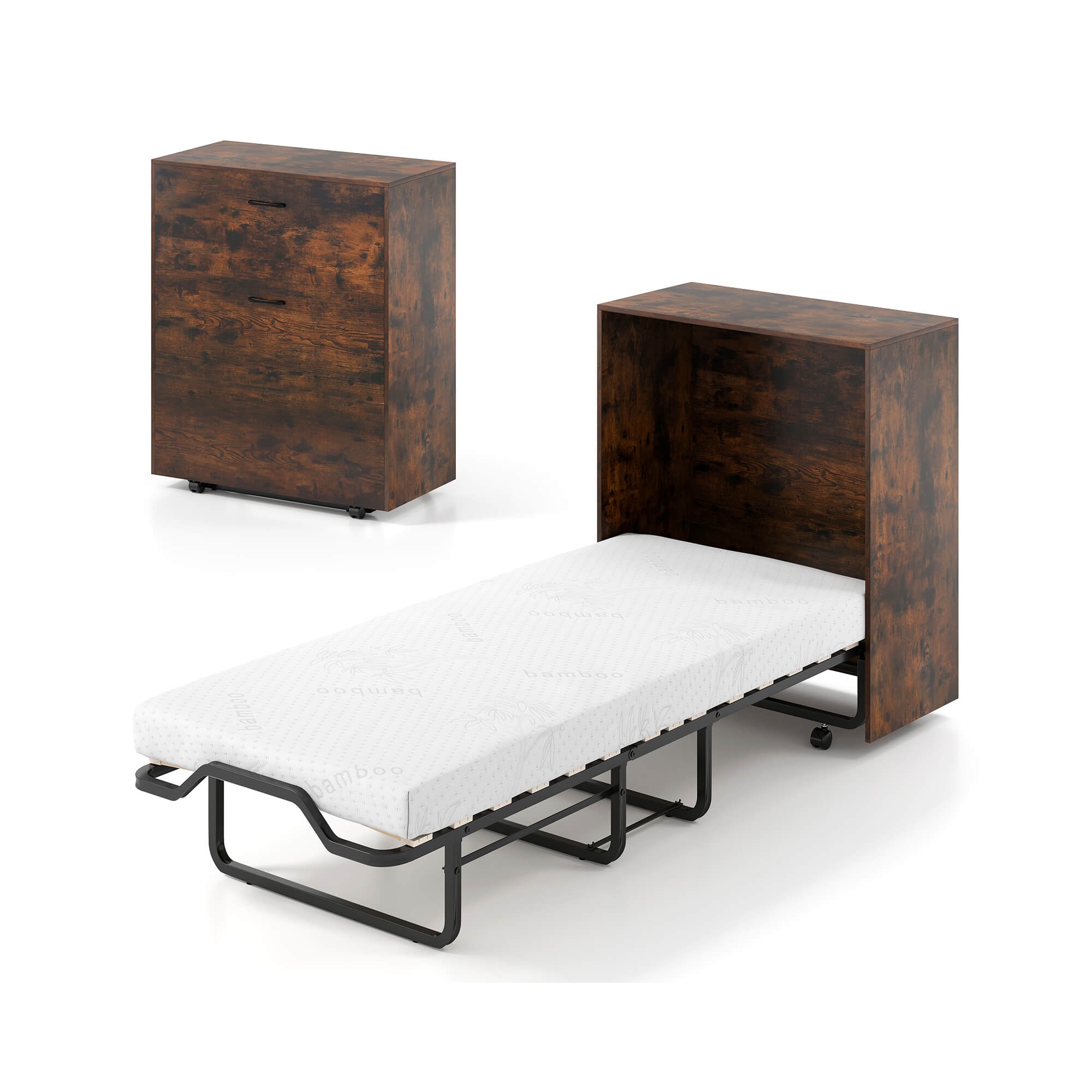 Costway Cot Size Murphy Bed with Storage Rolling Murphy Cabinet with Foldable Bed
