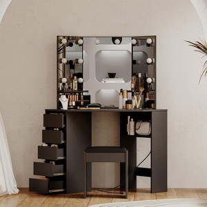 Coolmee Corner Vanity with Mirror, Vanity Desk and Chair, Makeup Vanity with 5 Drawers, Vanity Chair, Dressing Table with Ample Storage, for Home - 1 of 4