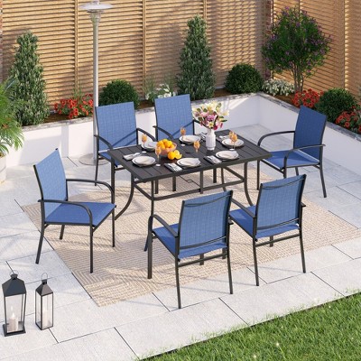 Captiva Designs 7pc Patio Dining Set with Slat-top Rectangle Table & Sling Fixed Dining Chairs