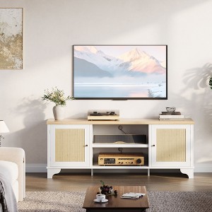 Rattan TV Stand Fits TVs Up to 65 Inches, Farmhouse Entertainment Center with Cabinets and Open Shelves, Wooden Media Console Table for Living Room - 1 of 4