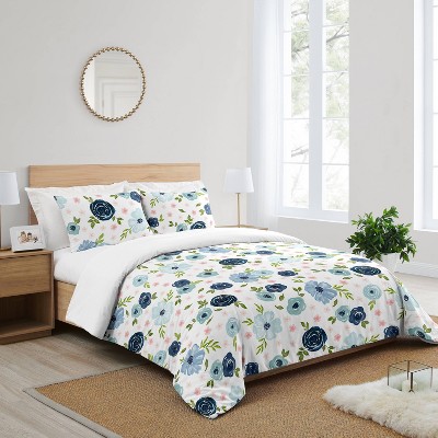 Full Blue Microfiber Floral Comforter Set for Girls
