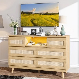 Rattan Dresser for Bedroom with Led Light and Charging Station, 6 Drawer Double Dressers, Modern Wooden Dresser Chest - 1 of 4