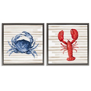 Stupell Industries Nautical Crab & Lobster Beige Stripes, 18" x 18" - 1 of 4
