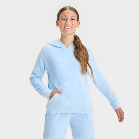 Girls Velour Hoodie Sweatshirt All In Motion Aqua Blue L Target