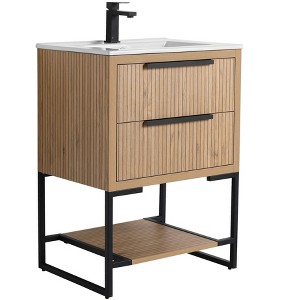 Kingsford Grooved-Look Bathroom Vanity in Bright Oak with White Ceramic Sink - 1 of 4