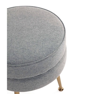 Bailey Round Gray Upholstered Ottoman with Gold Legs