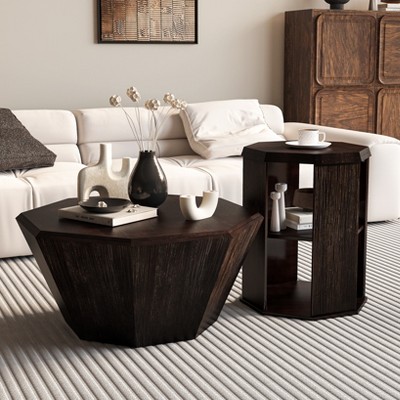 Octagonal Rubber Wood Coffee Table Set, 31.5"W + 17.7"W Coffee Table for Living Room, Sturdy and Bedroom - ModernLuxe