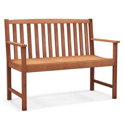 Tangkula Patio Wood Bench 2-Seat Outdoor Bench w/ Cozy Armrests & Backrest