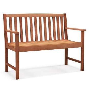 Tangkula Patio Wood Bench 2-Seat Outdoor Bench w/ Cozy Armrests & Backrest