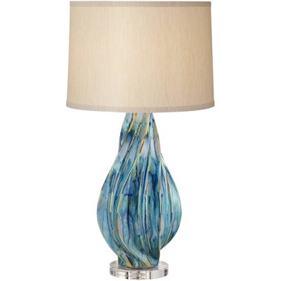 Possini Euro Design Contemporary Table Lamp with Table Top Dimmer Teal Blue Ceramic Beige Fabric Drum Shade Living Room Entryway