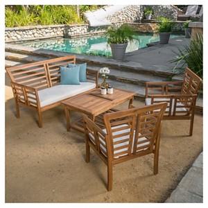 Caydon 4pc Acacia Wood Patio Chat Set with Cushions - Brown Patina - Christopher Knight Home: Outdoor Seating Ensemble - 1 of 4