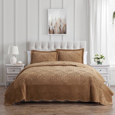 VCNY 3pc Full Westland Quilted Plush Bedspread Set Dark Brown: Hypoallergenic, Embroidered, Microfiber