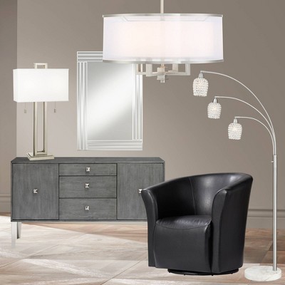 Elegant Brushed Nickel 23" Drum Pendant with Silver Organza and White Linen Shade