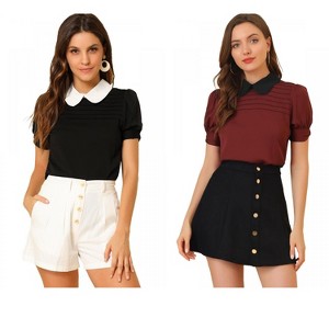 Allegra K Women's Vintage Peter Pan Collar Contrast Puff Short Sleeve Blouse 2 Packs - 1 of 4