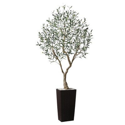 DR.Planzen UV Resistant 6-7FT Artificial Olive Tree with White/Brown Tall Planter - Faux Plants with three branches for Indoor/Outdoor for Home Decor