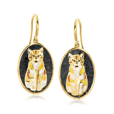 Ross-Simons Onyx and Mother-Of-Pearl Cat Mosaic Drop Earrings With Multicolored Enamel in 18kt Gold Over Sterling