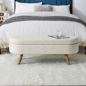 VASIP Ottoman Storage Bench with Lift Top - 43.5" Upholstered Oval Entryway Bench | Rubber Wood Legs | Beige Fabric Seat - 1 of 4