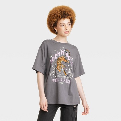 Women's Rock N Roll Short Sleeve Oversized Graphic T-Shirt - Gray