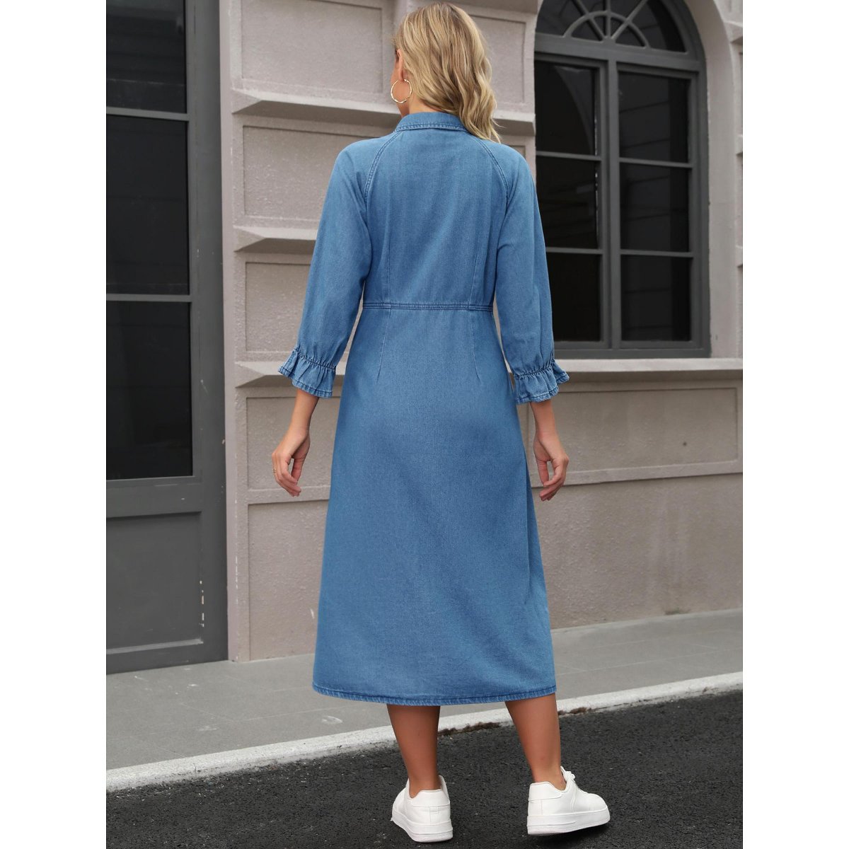 Женские платья INSPIRE CHIC Women's Denim Casual Ruffle Long Sleeve Button Down Midi Jean Shirt Dress Blue Small 2 Packs Blue/Light Blue XX-Large — фото 4