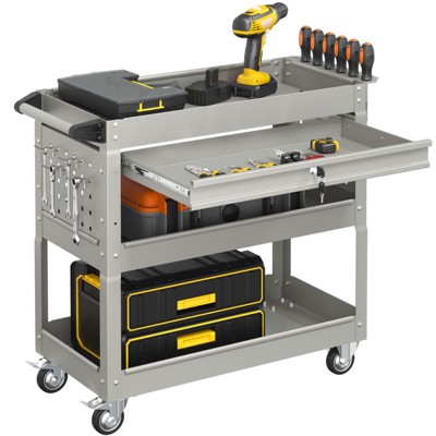 Huxxion 3-Tier Rolling Tool Cart on Wheels, Heavy Duty Mechanic Tool Cart with Drawers, Utility Cart for Workshop Garage Warehouse(Gray)