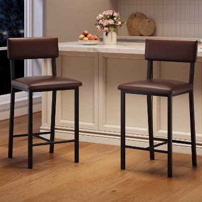 Bar Stools Set of 2, 25" Counter Height PU Leather Barstools with Backrest & Footrest, Tall Armless Bar Chairs for Dining Room
