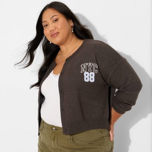 Women's NYC Teddy Graphic Cardigan - Gray - 1 of 3