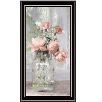 HomeRoots Cottage Peach Roses Black Framed Print Wall Art