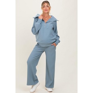 Pinkblush Light Blue RIbbed Half Zip Pullover Wide Leg Pant Maternity Set - 1 of 4