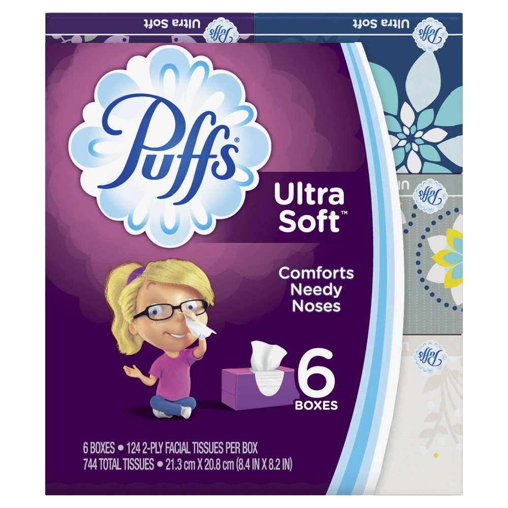 Puffs Ultra Soft Non-Lotion Facial Tissues, 6 Family Boxes, 124 Tissues per Box (744 Tissues Total)