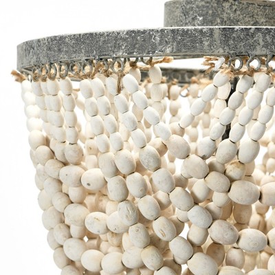 White 2-Tier Draped Wood Bead Semi-Flush Mount Ceiling Light
