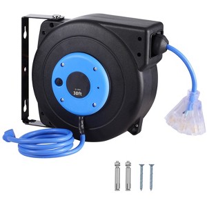 VEVOR Retractable Extension Cord Reel, 30 FT, Heavy Duty 16AWG/3C SJTOW Retractable Power Cord Reel with Lighted Triple Tap Outlet, Black - 1 of 4
