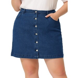 Women's Plus Size Denim Button Down Side Pocket Casual Jean A-Line Mini Skirt - Agnes Orinda 3X Navy Blue - 1 of 4