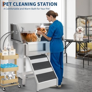 38in Stainless Steel Dog Washing Station with Non-Slip Grate, Shower, Soap Box, Faucet, 220lbs Capacity Pet Grooming Bath Tub, Left Door - 1 of 4