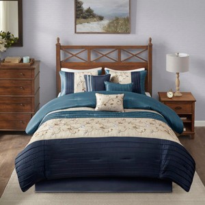 Gulches Queen 7 Piece Elegant transitional style Embroidered Comforter Set£¬Navy - 1 of 4
