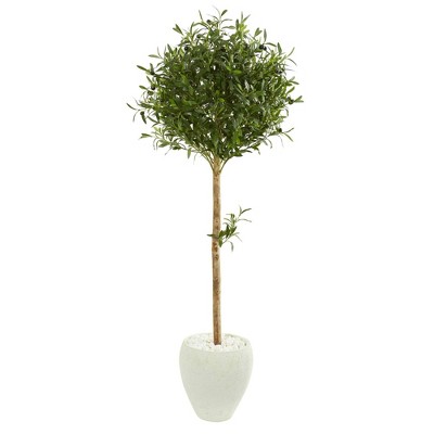 5' Artificial Olive Topiary Tree in Planter Green/White - Nearly Natural